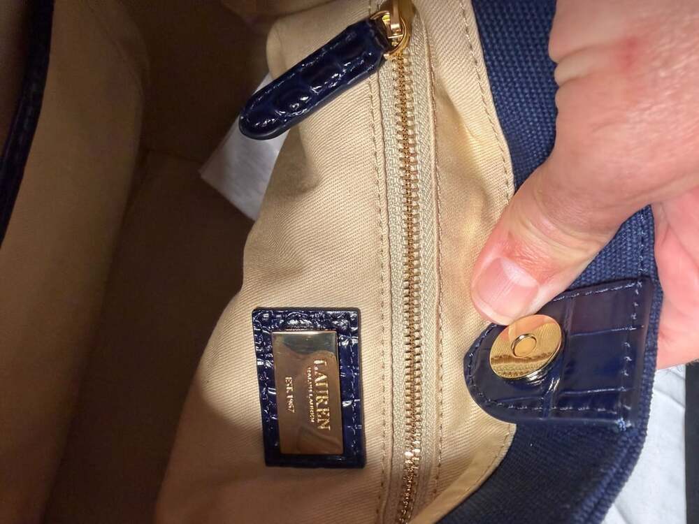 Lauren Ralph Lauren Witley Medium Bucket Bag Navy Canvas Croc Leather MSRP $375 - Picture 5 of 9